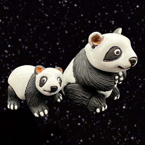 LEPS Peru Folk Art Pottery Panda w Cub Clay Handmade Figurine Marked 2 Set 2”T - Picture 4 of 6